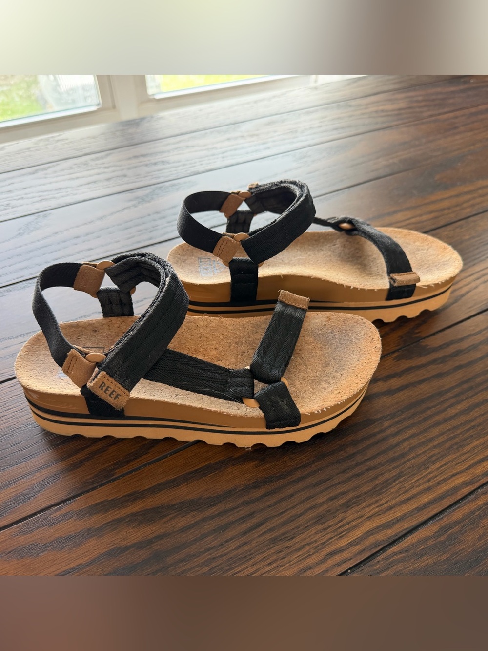 Reef Women’s Black and Tan Cork-Style Strap Sandals